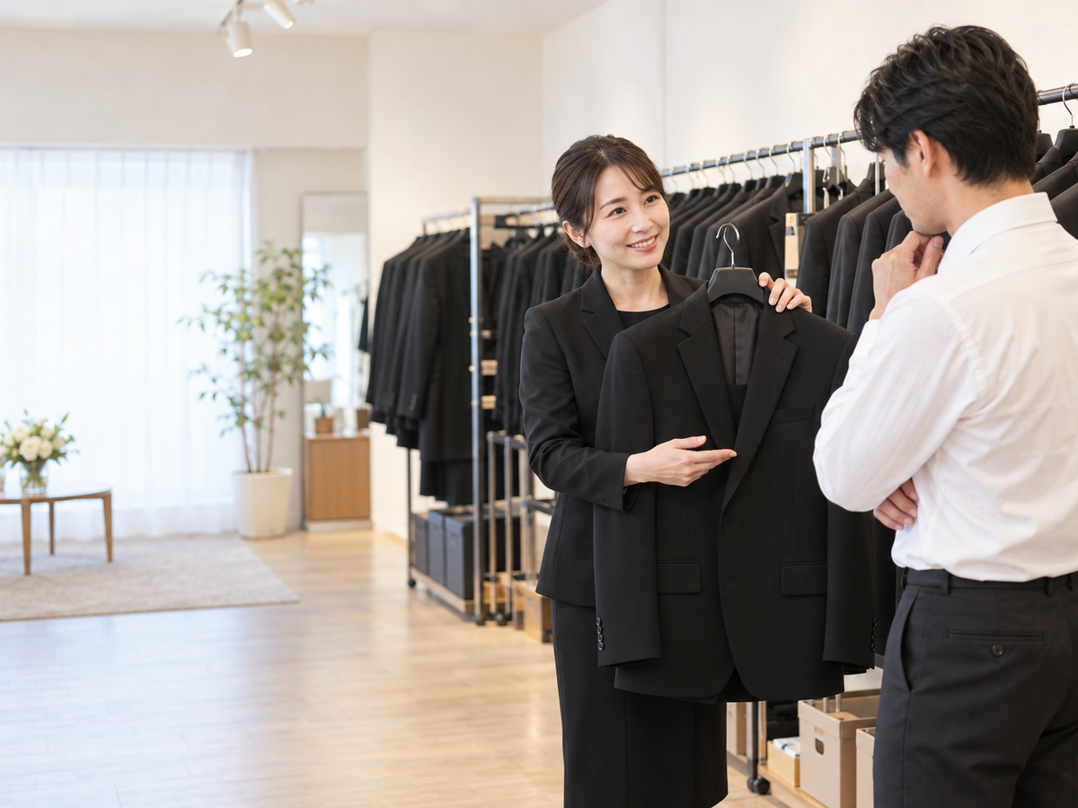 女性スタッフが男性のお客様に紳士礼服を案内する様子
