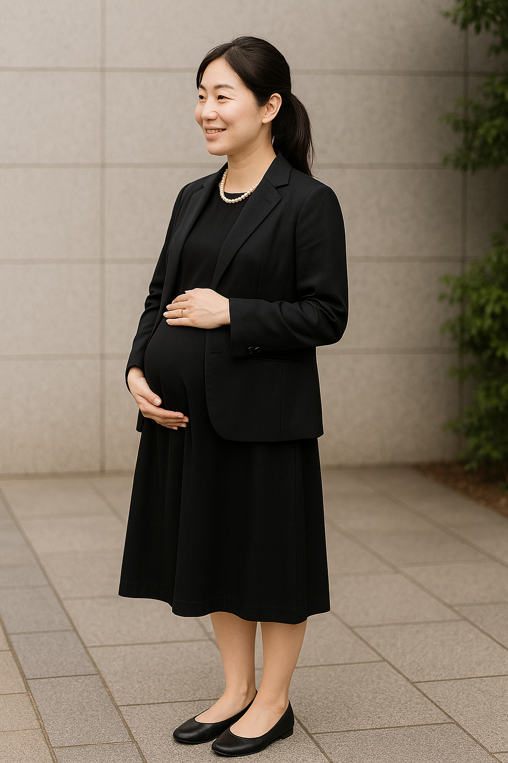 お腹の大きい妊婦が黒いワンピースとジャケットを着て、フォーマルな喪服スタイルで立っている。喪服レンタル名古屋のマタニティ用喪服イメージ