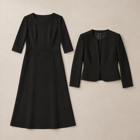 女性喪服レンタルの七分袖ワンピースとノーカラージャケット